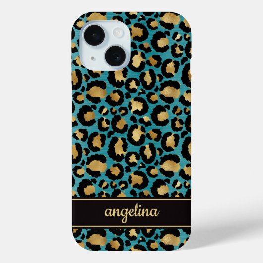 Coques Case-Mate iPhone Gold Foil On Teal Leopard Print Monogrammed (Verso)