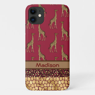 Case-Mate iPhone Case Gold Giraffe élégant Bourgogne Nom Chic Jungle