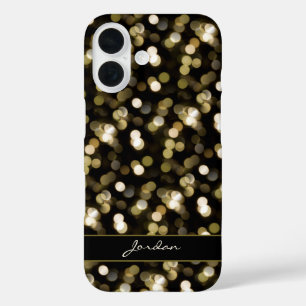 Coques iPhone 16 Gold Glimmer Bokeh Sparkle Lights avec nom