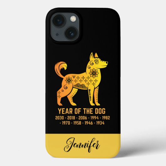 Coques Case-Mate iPhone Gold Gradient Année Du Chien Zodiac Nom Noir (Verso)
