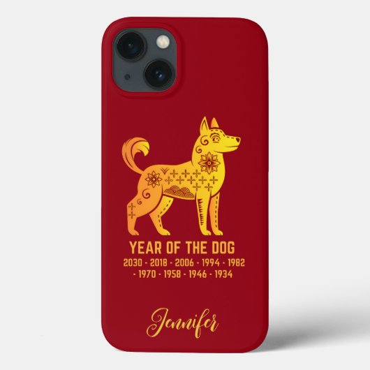 Coques Case-Mate iPhone Gold Gradient Année Du Chien Zodiac Nom Rouge (Verso)