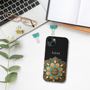 Case-Mate iPhone Case Gold Turquoise Lotus Flower Black