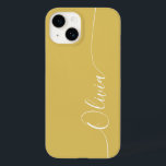 Coque Pour iPhone 14 Gold White Elegant Calligraphie Nom du script<br><div class="desc">Gold White Elegant Calligraphy Script Personnalisé Nom iPhone 14 Smart Phone Boîtes dispose d'un design moderne et tendance simple et élégant avec votre nom personnalisé dans élégante calligraphie manuscrite typographie de script sur un arrière - plan or. Conçu par ©Evco Studio www.zazzle.com/store/evcostudio</div>