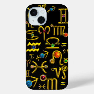 COQUE POUR iPhone 15 GOLD ZODIAC BIJOUX D'ANNIVERSAIRE, PIERRES À JEUX,