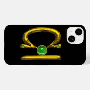 Coque Pour iPhone 14 GOLD ZODIAC SIGNE LIBRA Green Emerald Gemstone