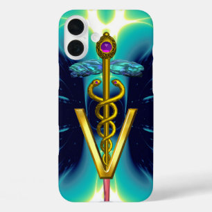 iPhone 16 Plus Case GOLDEN CADUCEUS VETERINARY SYMBOLE / Teal Blue
