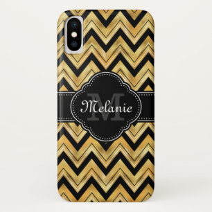 Coque iPhone X Golden Chevron Motif Noir Blanc Monogramme