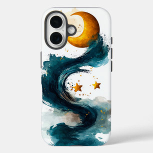 Coques iPhone 16 Golden Moon & Stars Dream Wave Aquarelle Téléphone