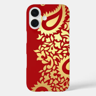 Coques iPhone 16 Golden Red Paisleys Indian