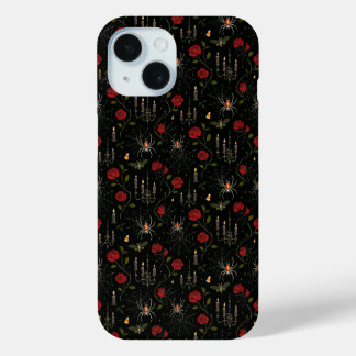 Coque Pour iPhone 15 Gothique Halloween Roses et araignée
