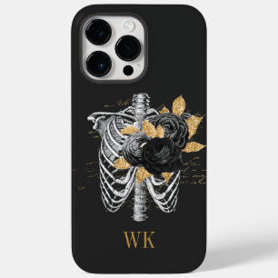 Coque Pour Pour iPhone 14 Pro Max Gothique vintage floral squelette noir et or