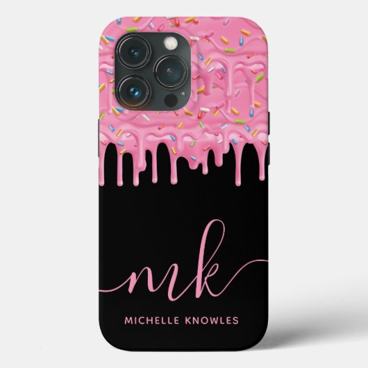 Coques Case-Mate iPhone Goutte de paillettes de beignet Monogramme et nom (Verso)