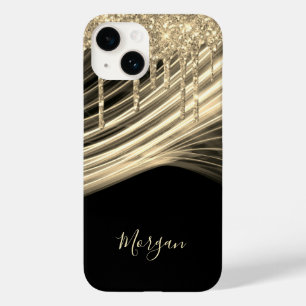 Coque Pour iPhone 14 Gouttes de paillettes dorées, rayons lumineux doré