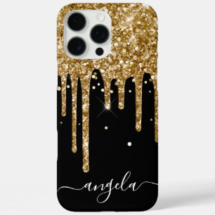 Coques iPhone 16 Pro Max Gouttes de paillettes dorées Signature Black Glam