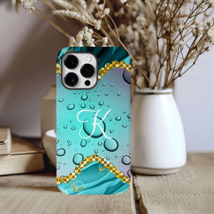 Coque Pour Pour iPhone 14 Pro Max Gouttes de pluie fantaisie Monogram sarcelle feuil