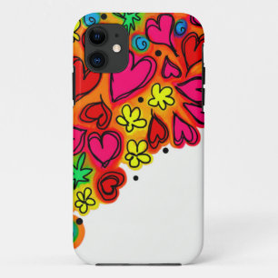 Coque iPhone 11 Graffiti coloré clair Fleurs Coeurs Motif