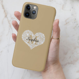 Case-Mate iPhone Case Grand Cœur Diamant, Monogramme Or, Nom en Script