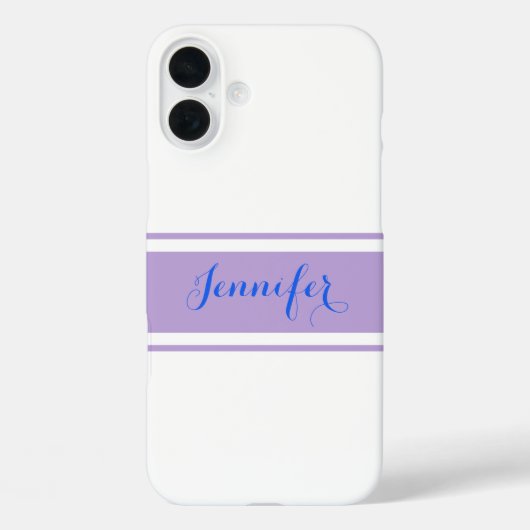 Coques Case-Mate iPhone Grand nom de script bleu, Lavender Strips sur blan (Verso)
