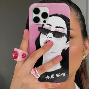 Coques iPhone 16 Pro Graphique moderne sur mesure à la mode Noir rose