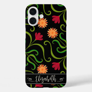Coques iPhone 16 Plus Gras Floral Damask Sunflower Boho Black Folk Art
