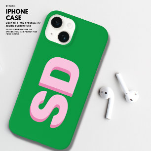 Coque Pour iPhone 14 Gras moderne Gras vert et rose Initiales Monogramm