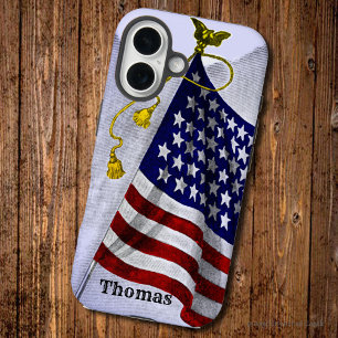 Coques iPhone 16 Gravure de drapeau vintage des États-Unis modifiab