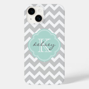 Coque Pour iPhone 14 Gray and Mint Chevron Custom