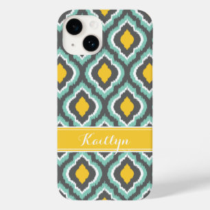 Coques Pour iPhone Gray Aqua et Yellow Ikat Monogramme marocain