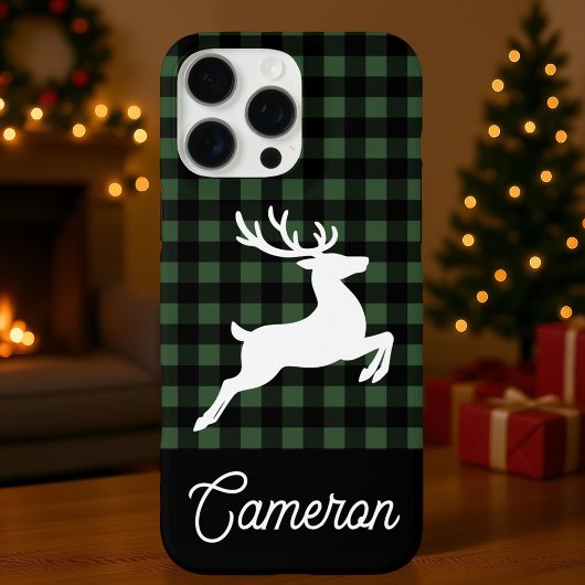 Coques Case-Mate iPhone Green & Black Plaid with Reindeer Custom Name