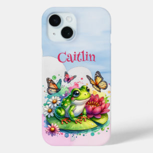 Coque Pour iPhone 15 Grenouille, fleurs et papillons personnalisés