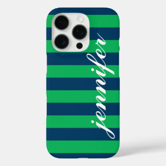 Coques iPhone 16 Pro Grèves de Green et de Navy sur mesure Script Nom d