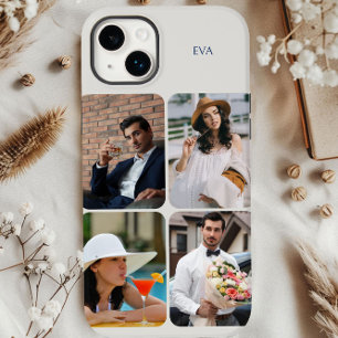 Coque Pour iPhone 14 Plus Grille de 4 photos Nom ou Initiales Neutre