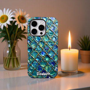 Coques iPhone 16 Pro Grille d'or sur Arrière - plan de mosaïque bleue