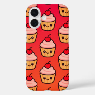 Coques iPhone 16 Grille Kawaii Cupcake avec visages souriants et ce
