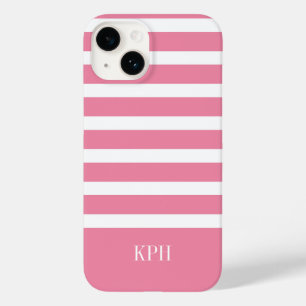 Coque Pour iPhone 14 Grille rose et blanche moderne avec Monogramme