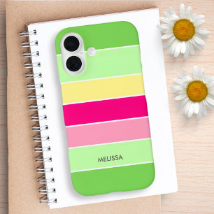 Coques iPhone 16 Grilles horizontales vertes et roses Monogrammes C