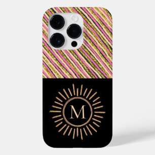 Coque Pour iPhone 14 Pro Grilles Monogrammes modernes Jaune Or Noir