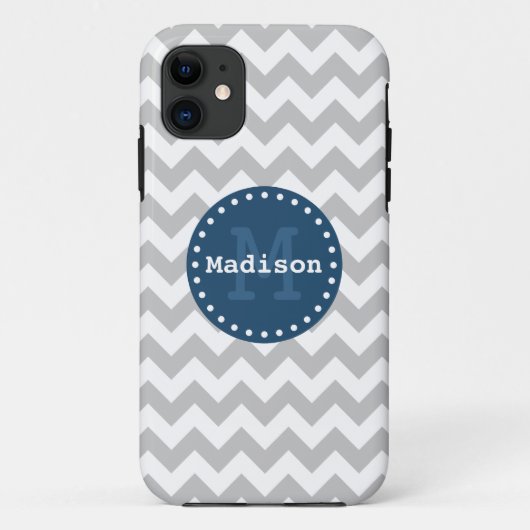 Coques Case-Mate iPhone Gris blanc bleu Chevron Zigzag Monogramme (Dos)