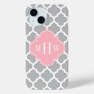 Coque Pour iPhone 15 Gris Blanc Marocain #5 Rose 3 Monogramme initial