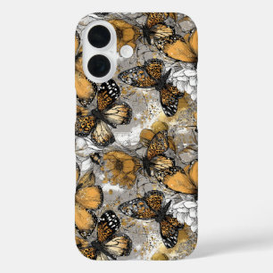 Coques iPhone 16 Gris Blanc Or Papillons Floraux Élégants