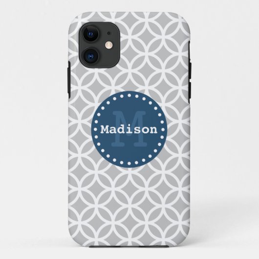 Coques Case-Mate iPhone Gris Bleu Blanc Cercles modernes Monogramme (Dos)