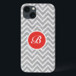 Etui iPhone Case-Mate Gris clair Chevron Motif Lin Texture Monogramme<br><div class="desc">Elégant motif transparent géométrique gris clair et blanc rétro chevron avec texture lin et monogramme personnalisable et optionnel. Touche rouge-orange.</div>