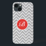 Etui iPhone Case-Mate Gris clair Chevron Motif Lin Texture Monogramme<br><div class="desc">Elégant motif transparent géométrique gris clair et blanc rétro chevron avec texture lin et monogramme personnalisable et optionnel. Touche rouge-orange.</div>