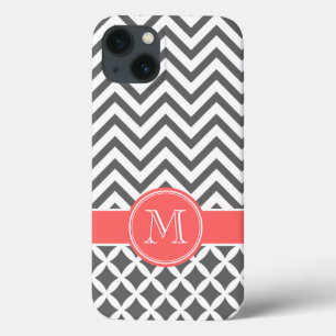 Case-Mate iPhone Case Gris de charbon et corail Chevron Monogramme