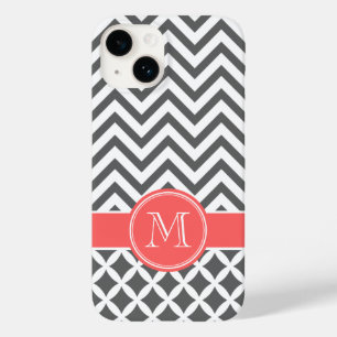 Coques Pour iPhone Gris de charbon et corail Chevron Monogramme