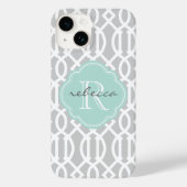 Coques Case-Mate iPhone Gris et menthe Moderne Trellis Monogramme personna (Verso)