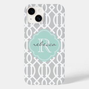 Coques Pour iPhone Gris et menthe Moderne Trellis Monogramme personna