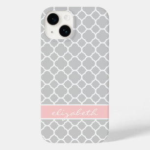 Coques Pour iPhone Gris et rose Moderne Quatrefoil Personnalisé Monog