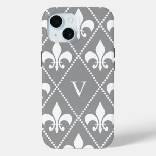 Coque Pour iPhone 15 Gris Fleur de Lis avec monogramme