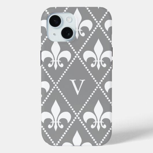 Coques Case-Mate iPhone Gris Fleur de Lis avec monogramme (Verso)